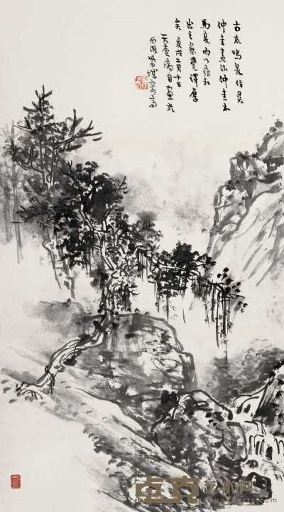 余任天 庚戌（1970年）作 古木鸣泉 镜心 87×48cm